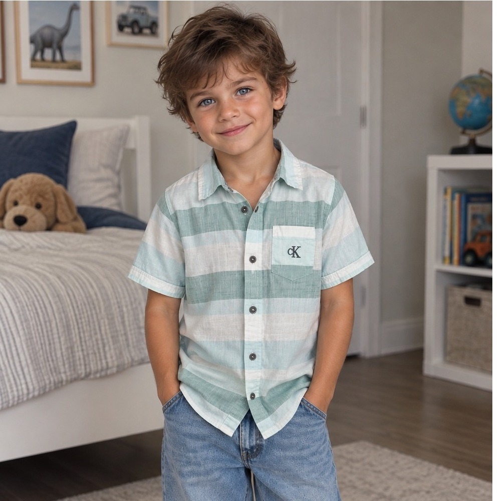 Calvin Klein Jeans Boys Striped Short Sleeve Button Down Shirt Green Blue Size 5